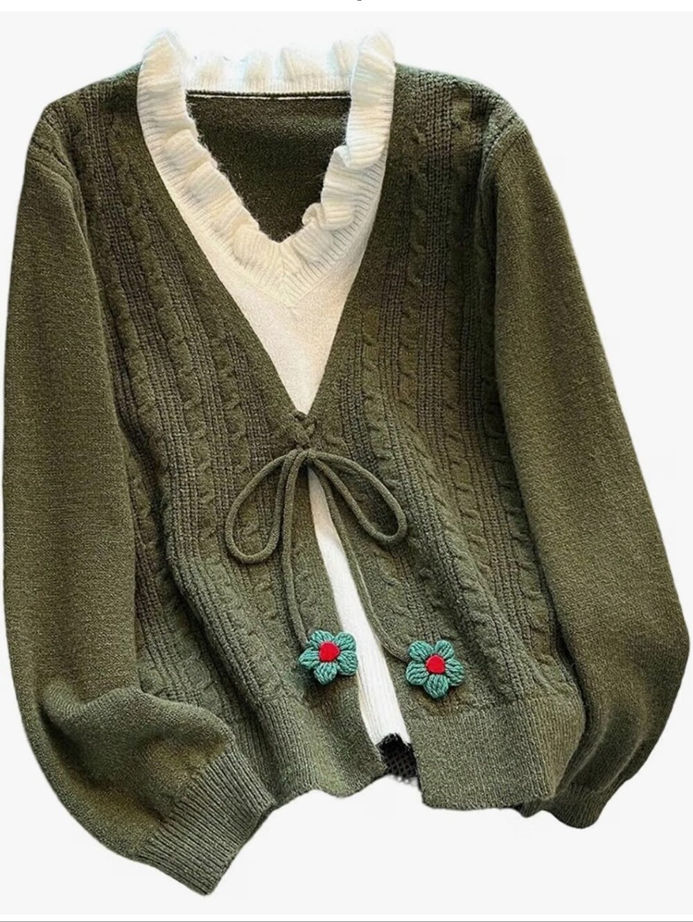 V Neck Sweater Tie Front Ruffle Long Sleeve Knitted Pullover Top